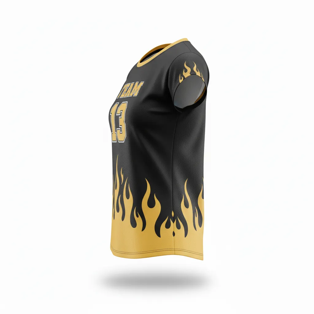 Custom Volleyball Crewneck Cap Sleeve Jersey - Black, Gold - Vegas Flame Design - Side View - Kinexa Sportswear