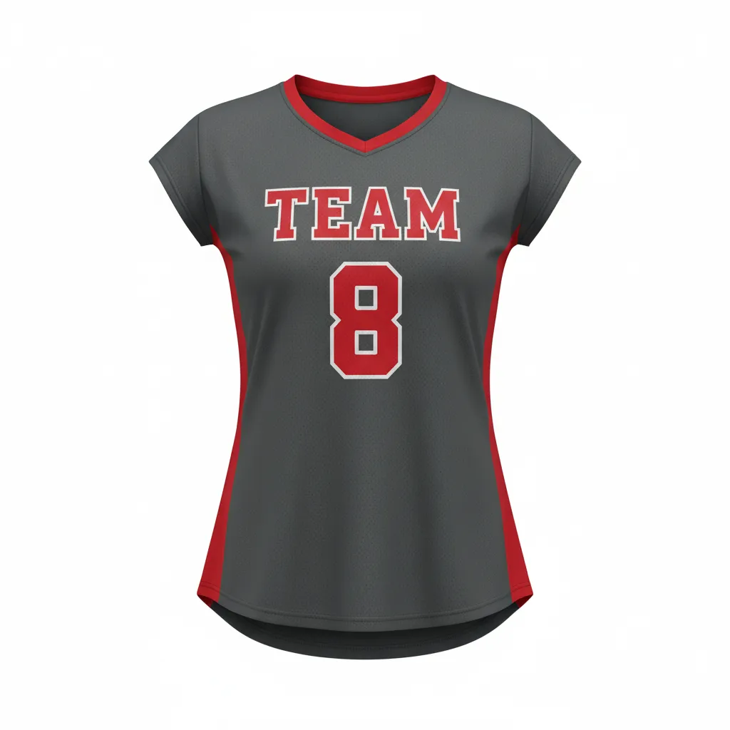 Custom Volleyball Crewneck Cap Sleeve Jersey - Grey, Red - Charcoal Athletic Side Stripe - Front View - Kinexa Sportswear