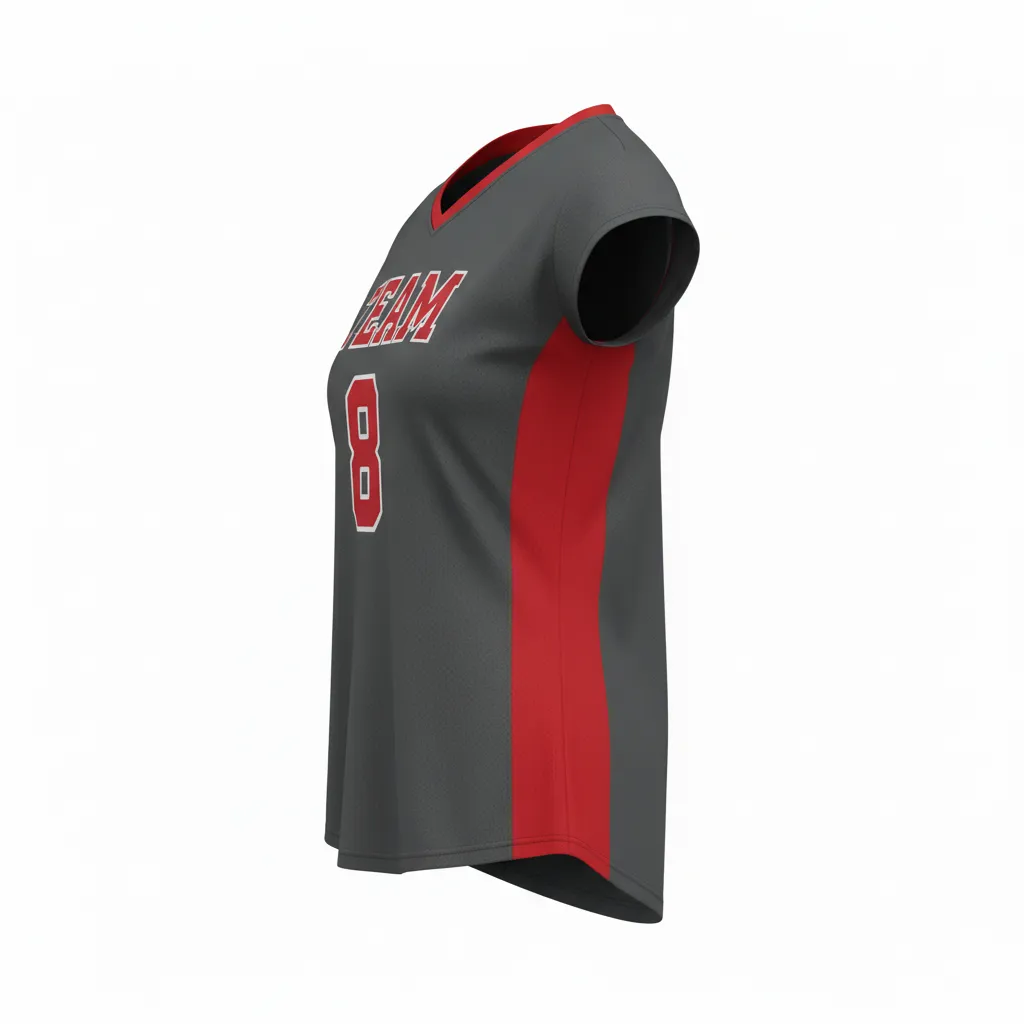 Custom Volleyball Crewneck Cap Sleeve Jersey - Grey, Red - Charcoal Athletic Side Stripe - Side View - Kinexa Sportswear