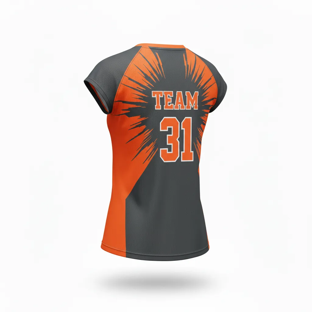 Custom Volleyball Crewneck Cap Sleeve Jersey - Grey, Orange - Charcoal Neon Burst - Back View - Kinexa Sportswear