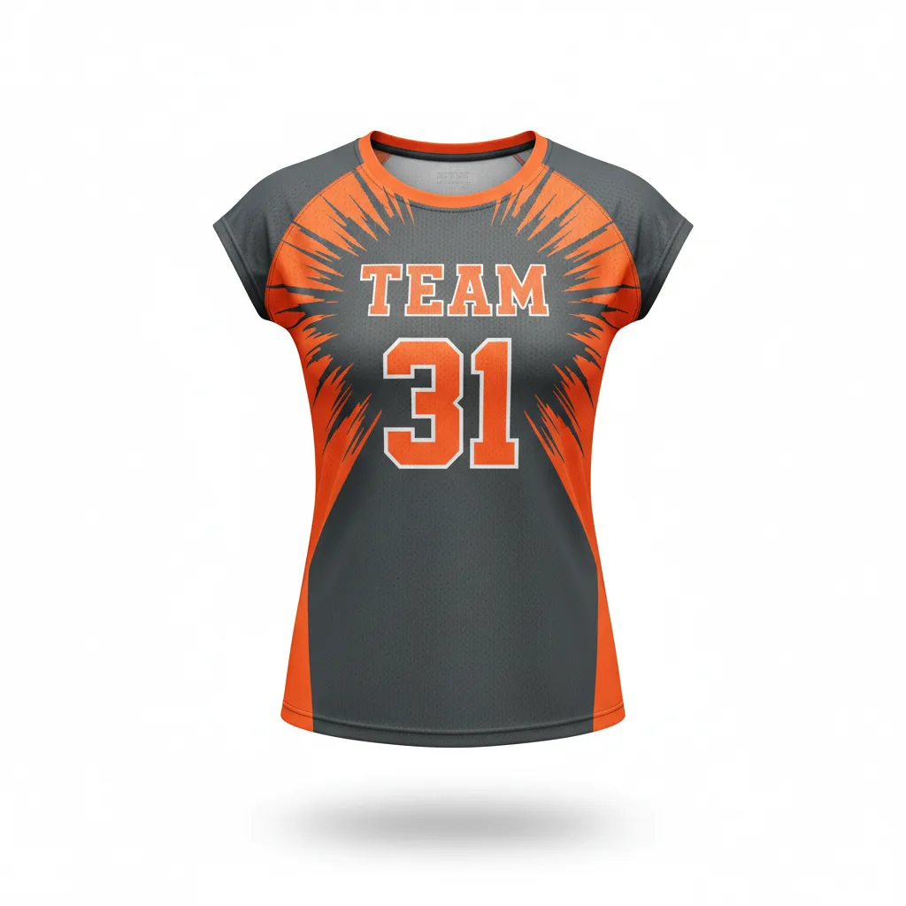 Custom Volleyball Crewneck Cap Sleeve Jersey - Grey, Orange - Charcoal Neon Burst - Front View - Kinexa Sportswear