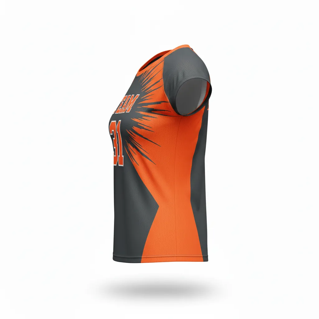 Custom Volleyball Crewneck Cap Sleeve Jersey - Grey, Orange - Charcoal Neon Burst - Side View - Kinexa Sportswear
