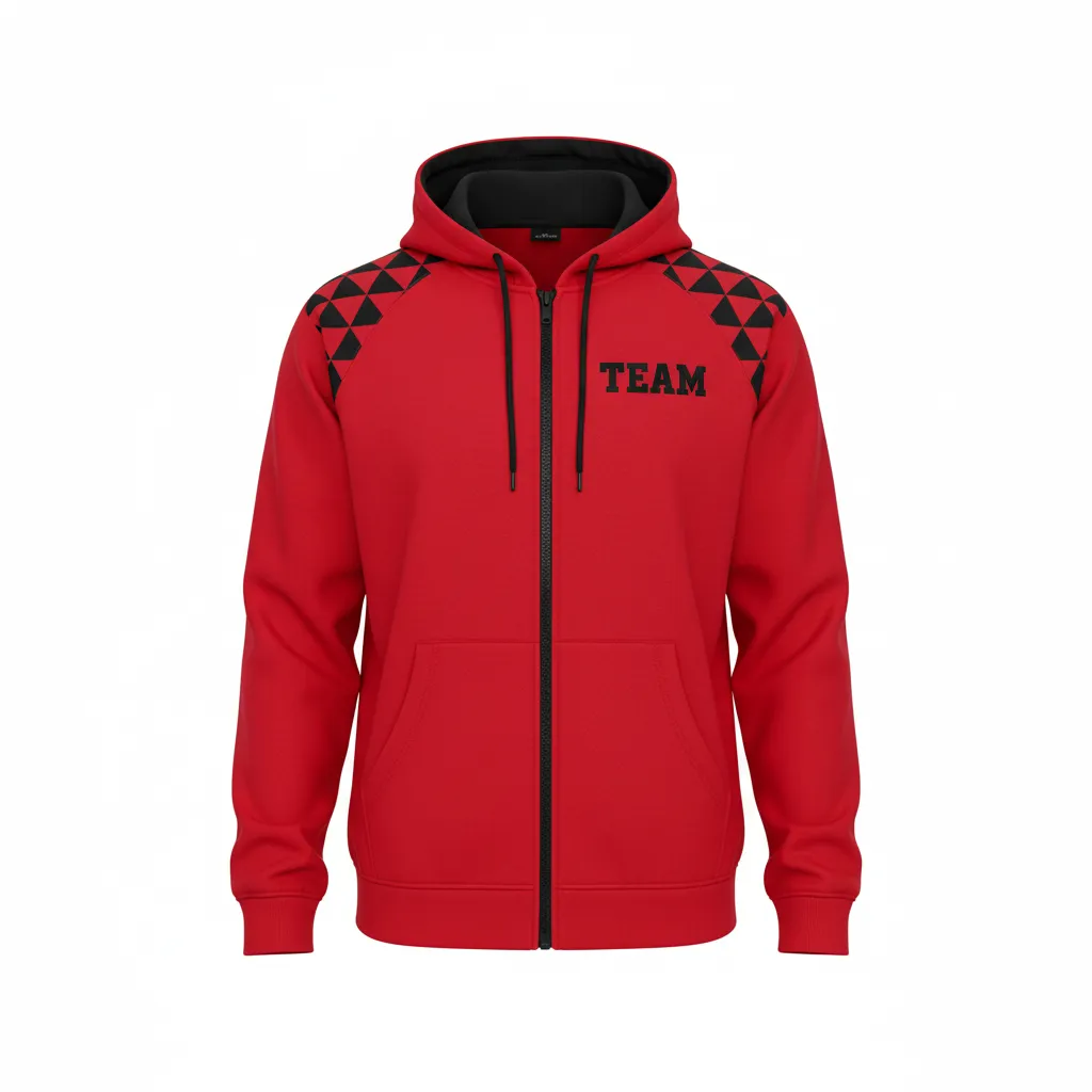 Custom Volleyball Full Zip Hoodie - Red, Black - Athletic Geometric Triangles - Front View - Kinexa Sportswear