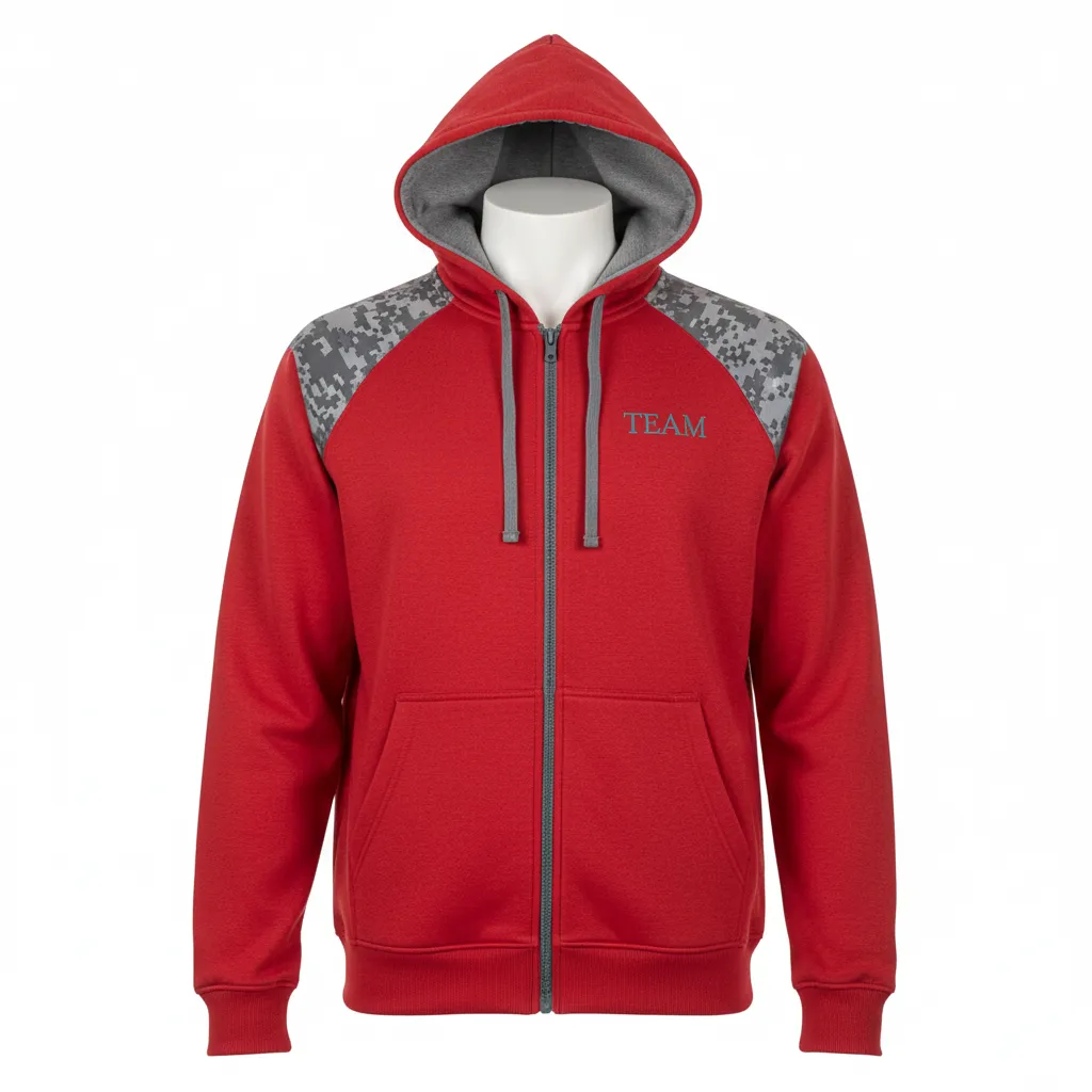 Custom Volleyball Full Zip Hoodie - Red, Grey - Athletic Camo Pattern - Front View - Kinexa Sportswear