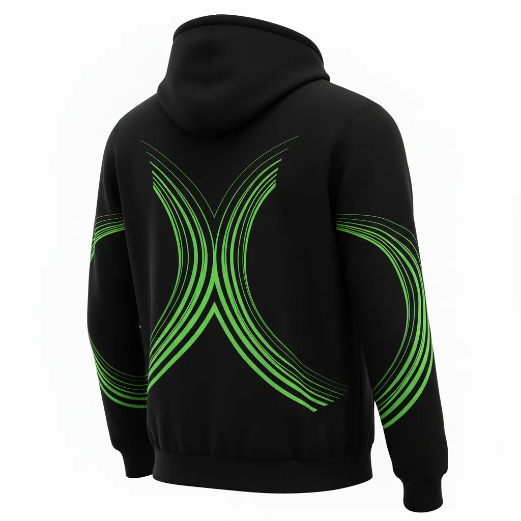 Custom Volleyball Full Zip Hoodie - Black, Green - Neon Wave Pattern - Back View - Kinexa Sportswear