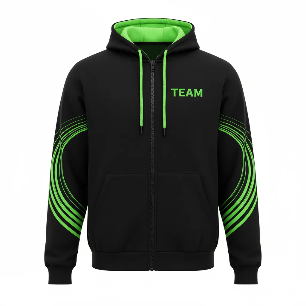 Custom Volleyball Full Zip Hoodie - Black, Green - Neon Wave Pattern - Front View - Kinexa Sportswear