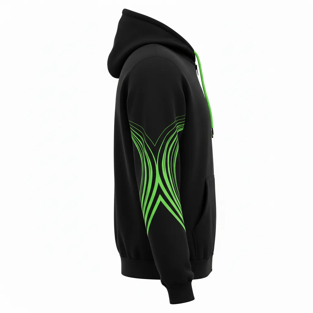 Custom Volleyball Full Zip Hoodie - Black, Green - Neon Wave Pattern - Side View - Kinexa Sportswear