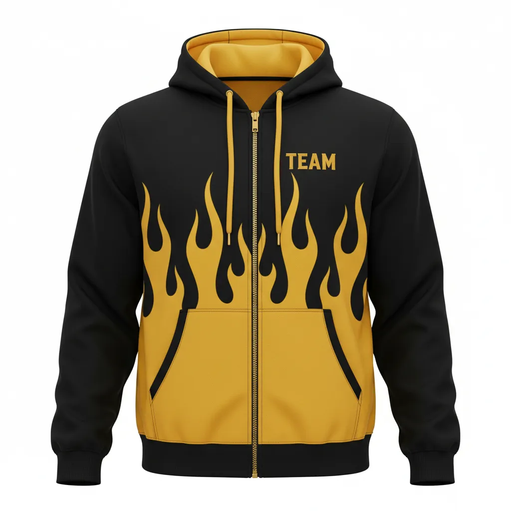 Custom Volleyball Full Zip Hoodie - Black, Gold - Vegas Flame Design - Front View - Kinexa Sportswear