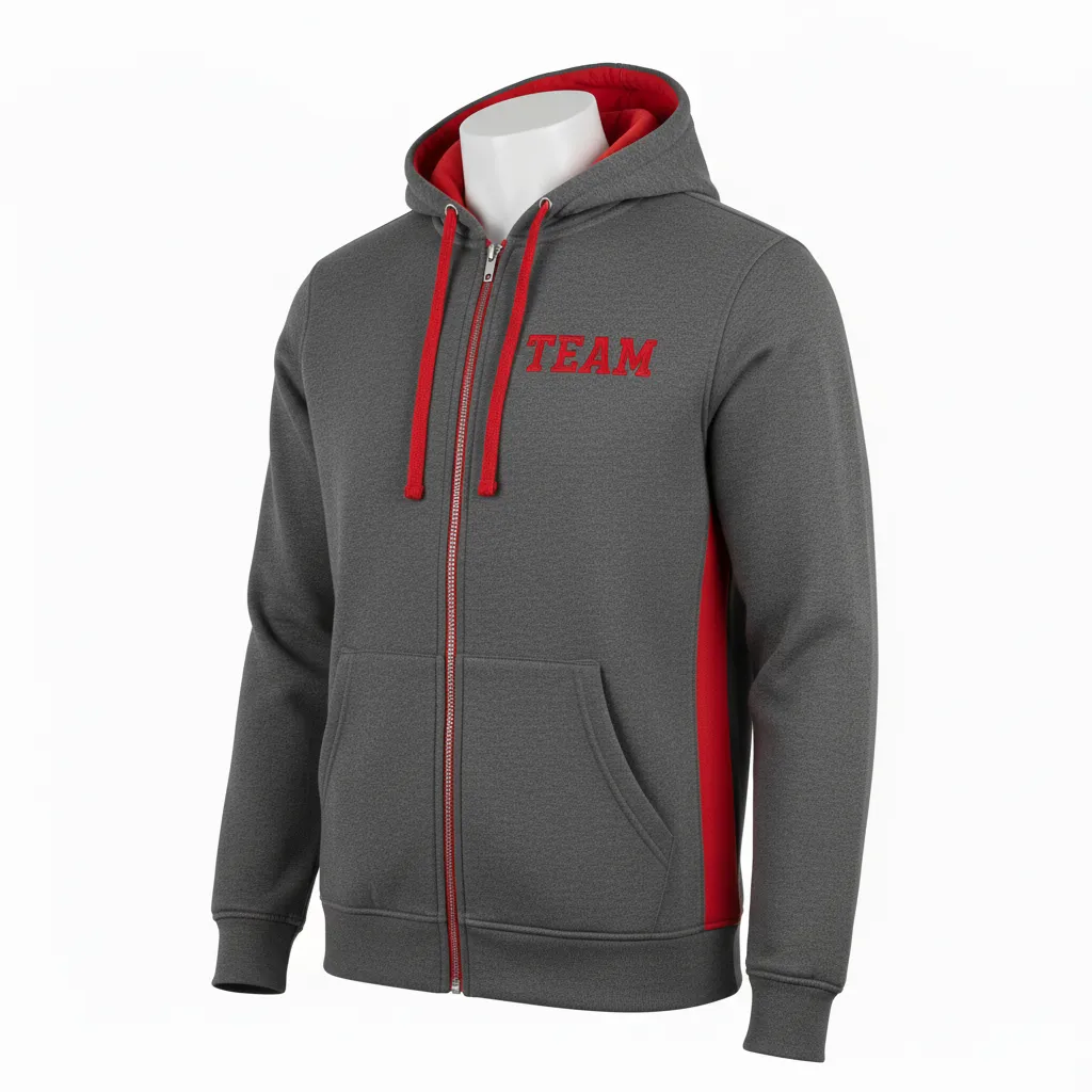 Custom Volleyball Full Zip Hoodie - Grey, Red - Charcoal Athletic Side Stripe - Front View - Kinexa Sportswear