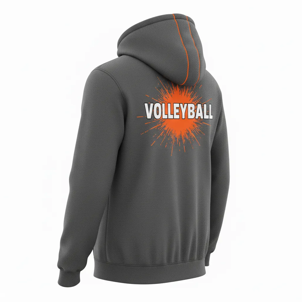 Custom Volleyball Full Zip Hoodie - Grey, Orange - Charcoal Neon Burst - Back View - Kinexa Sportswear