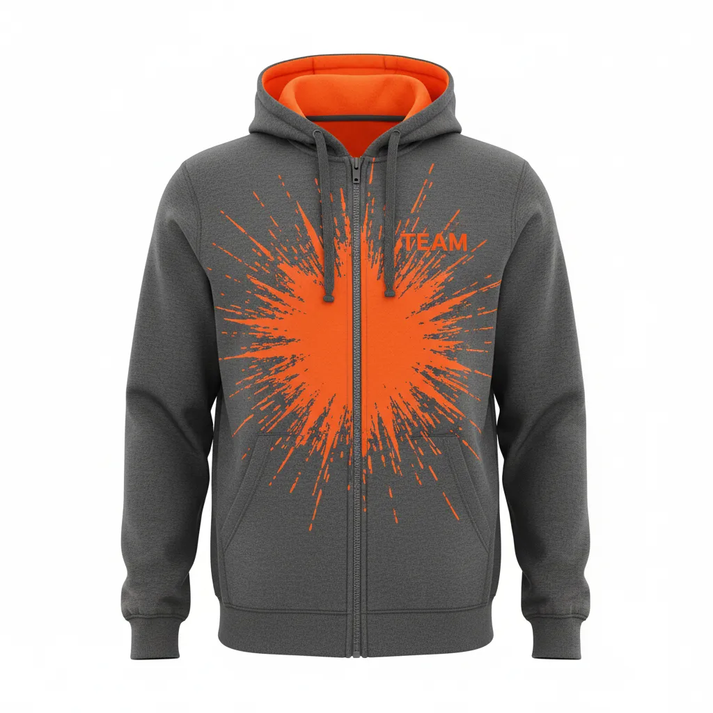 Custom Volleyball Full Zip Hoodie - Grey, Orange - Charcoal Neon Burst - Front View - Kinexa Sportswear