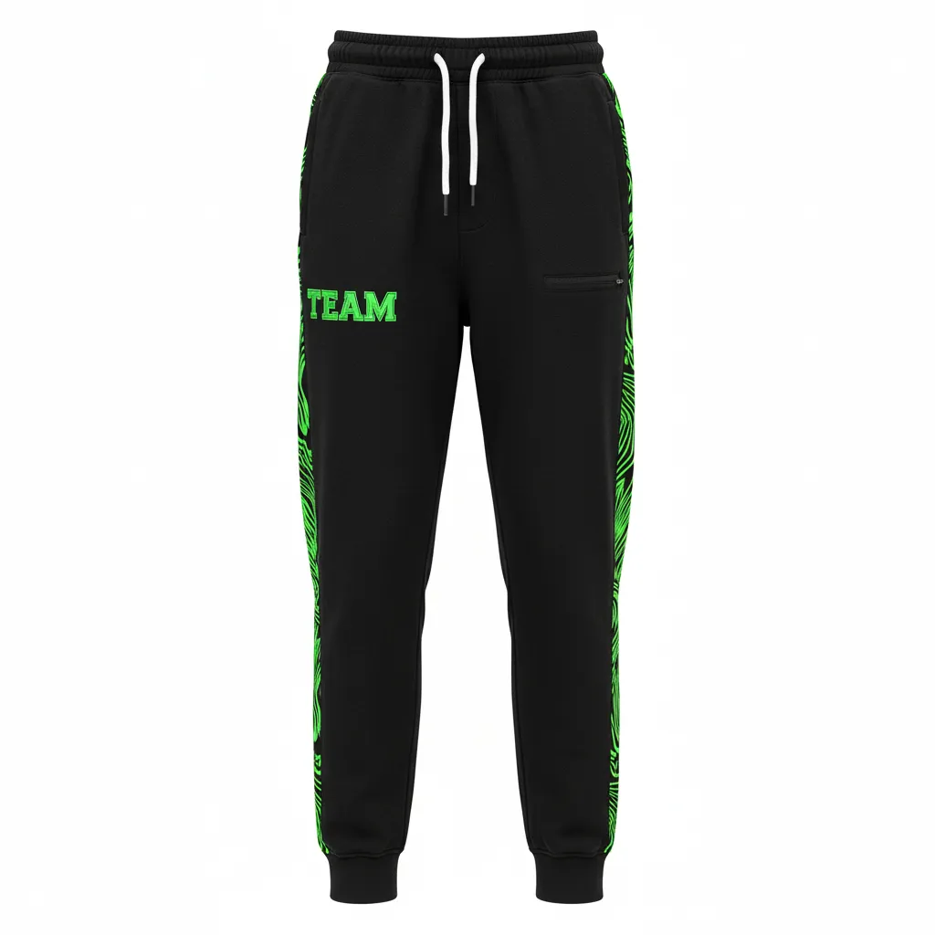 Custom Volleyball Jogger Pant - Black, Green - Neon Wave Pattern - Front View - Kinexa Sportswear