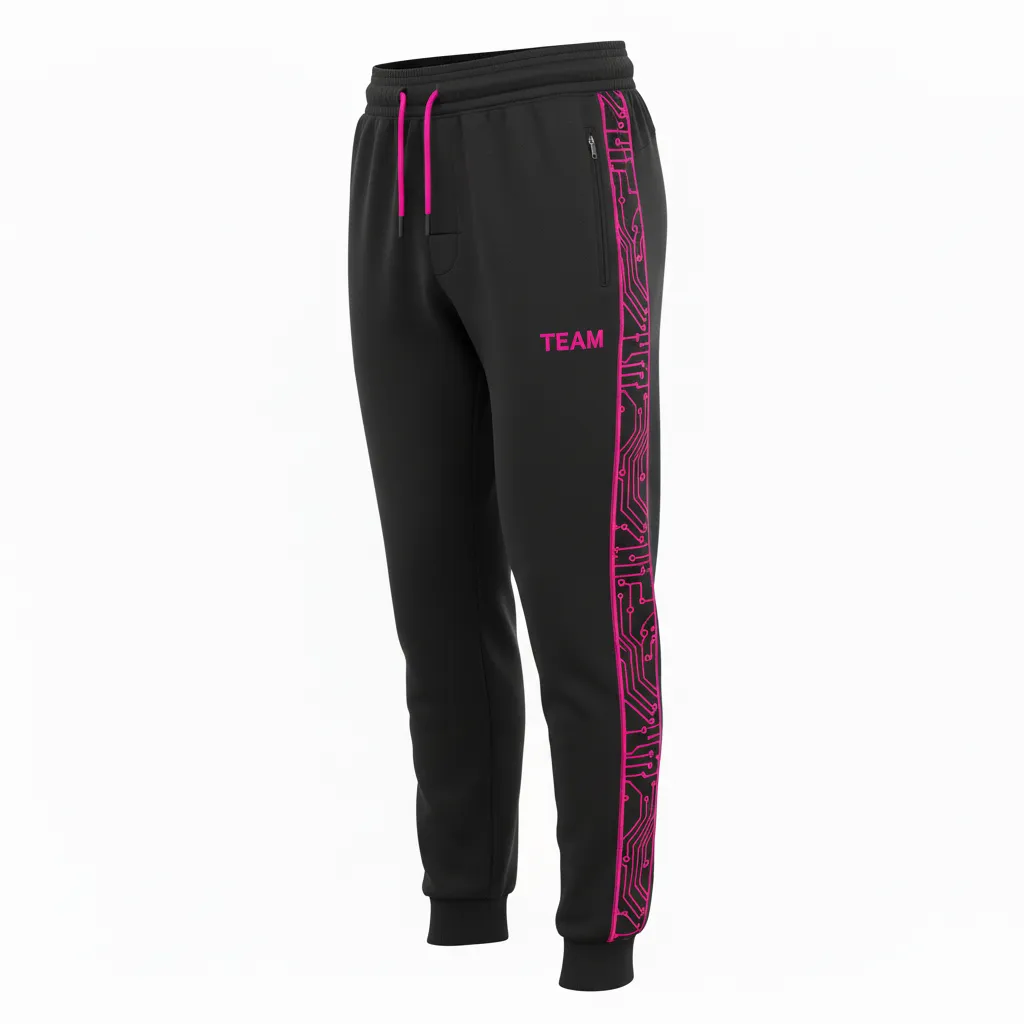 Custom Volleyball Jogger Pant - Black, Pink - Neon Circuit Pattern - Front View - Kinexa Sportswear