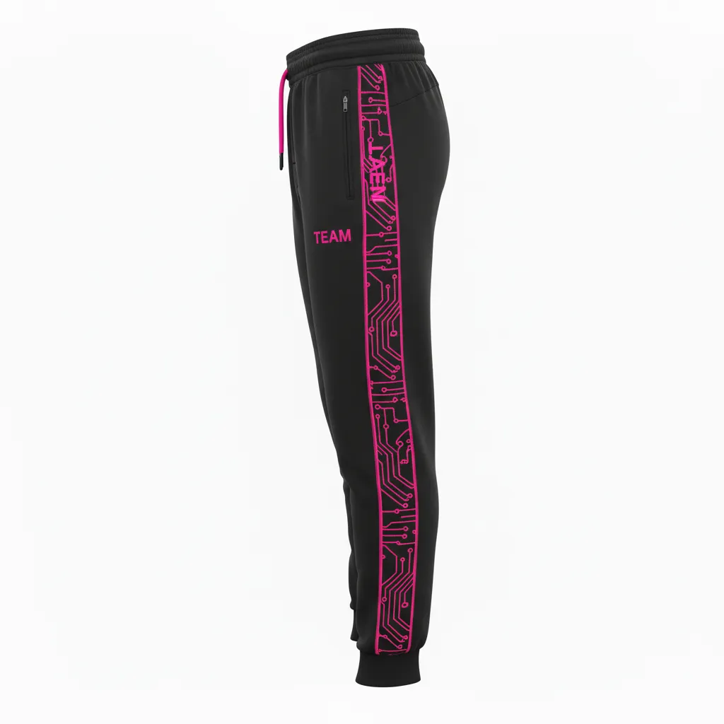 Custom Volleyball Jogger Pant - Black, Pink - Neon Circuit Pattern - Side View - Kinexa Sportswear