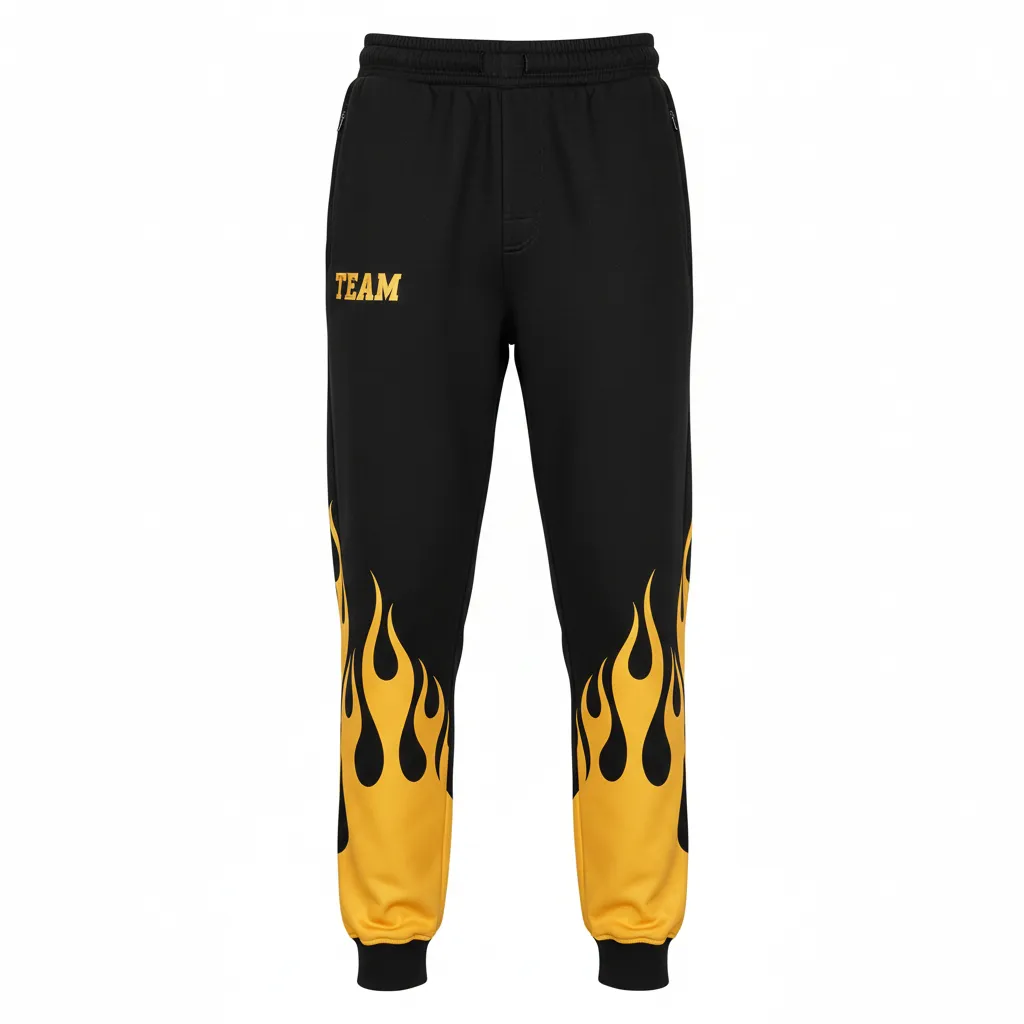 Custom Volleyball Jogger Pant - Black, Gold - Vegas Flame Design - Front View - Kinexa Sportswear