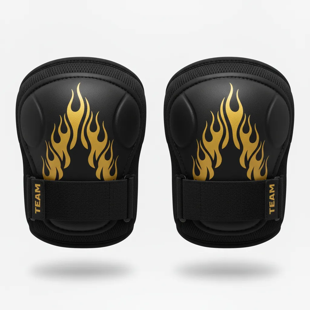 Custom Volleyball Knee Pads - Black, Gold - Vegas Flame Design - Front View - Kinexa Sportswear