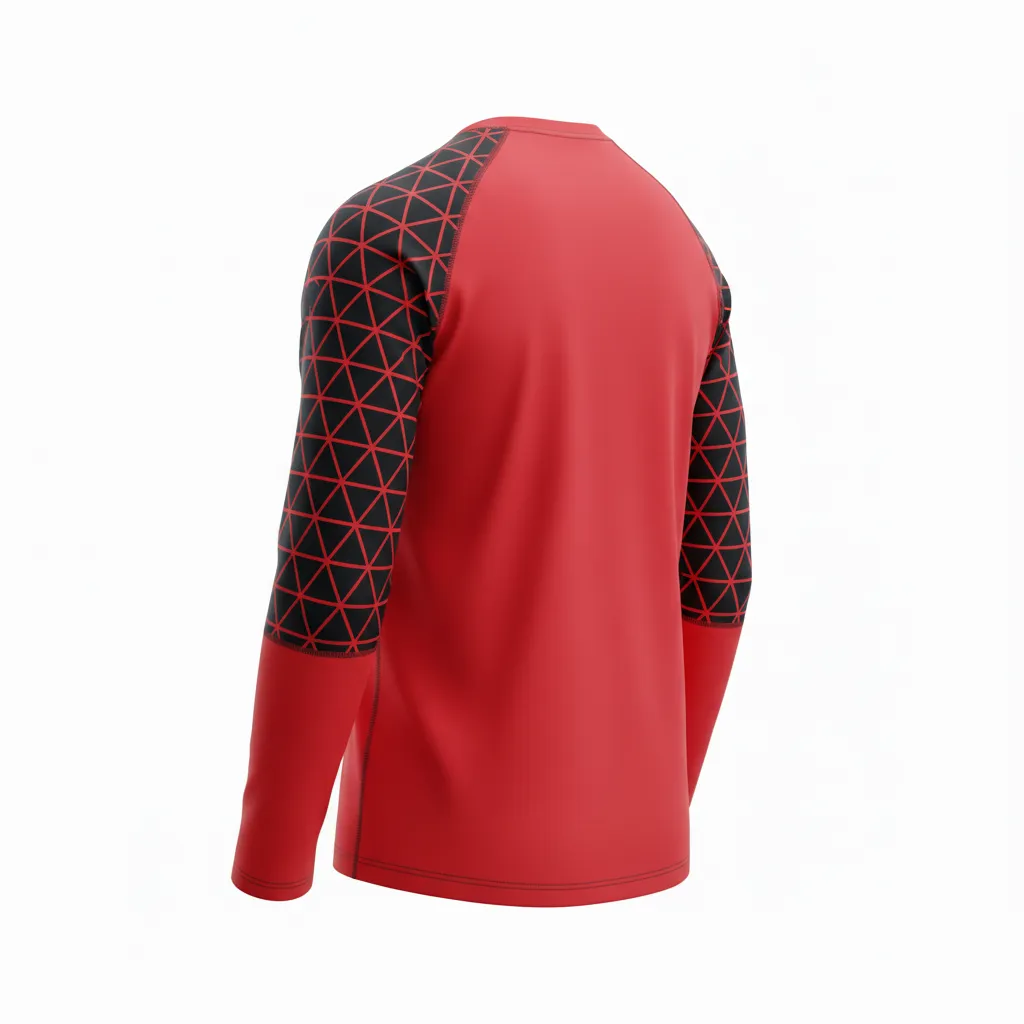 Custom Volleyball Long Sleeve T Shirt - Red, Black - Athletic Geometric Triangles - Back View - Kinexa Sportswear