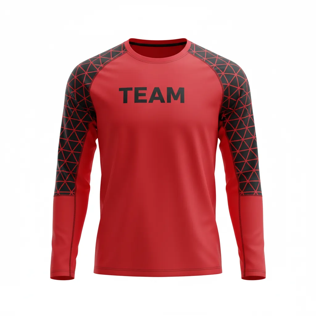 Custom Volleyball Long Sleeve T Shirt - Red, Black - Athletic Geometric Triangles - Front View - Kinexa Sportswear