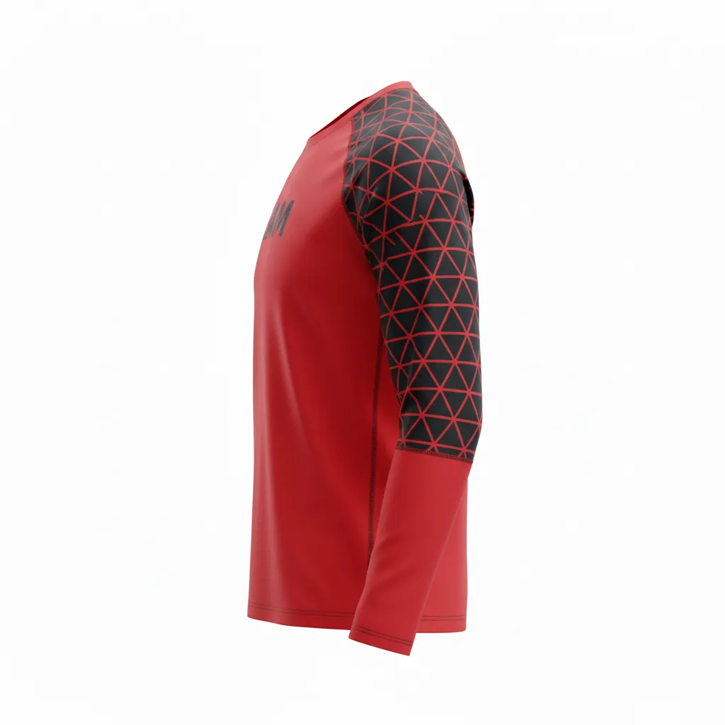 Custom Volleyball Long Sleeve T Shirt - Red, Black - Athletic Geometric Triangles - Side View - Kinexa Sportswear