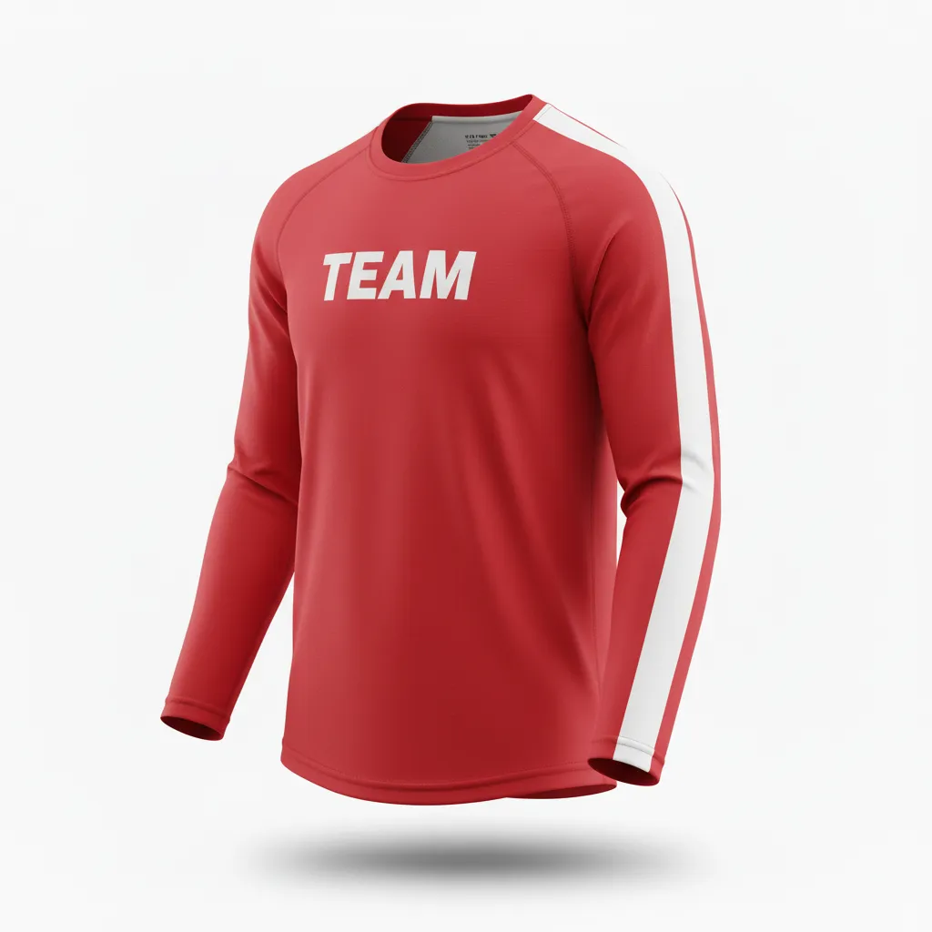Custom Volleyball Long Sleeve T Shirt - Red, White - Athletic Racing Stripe - Front View - Kinexa Sportswear