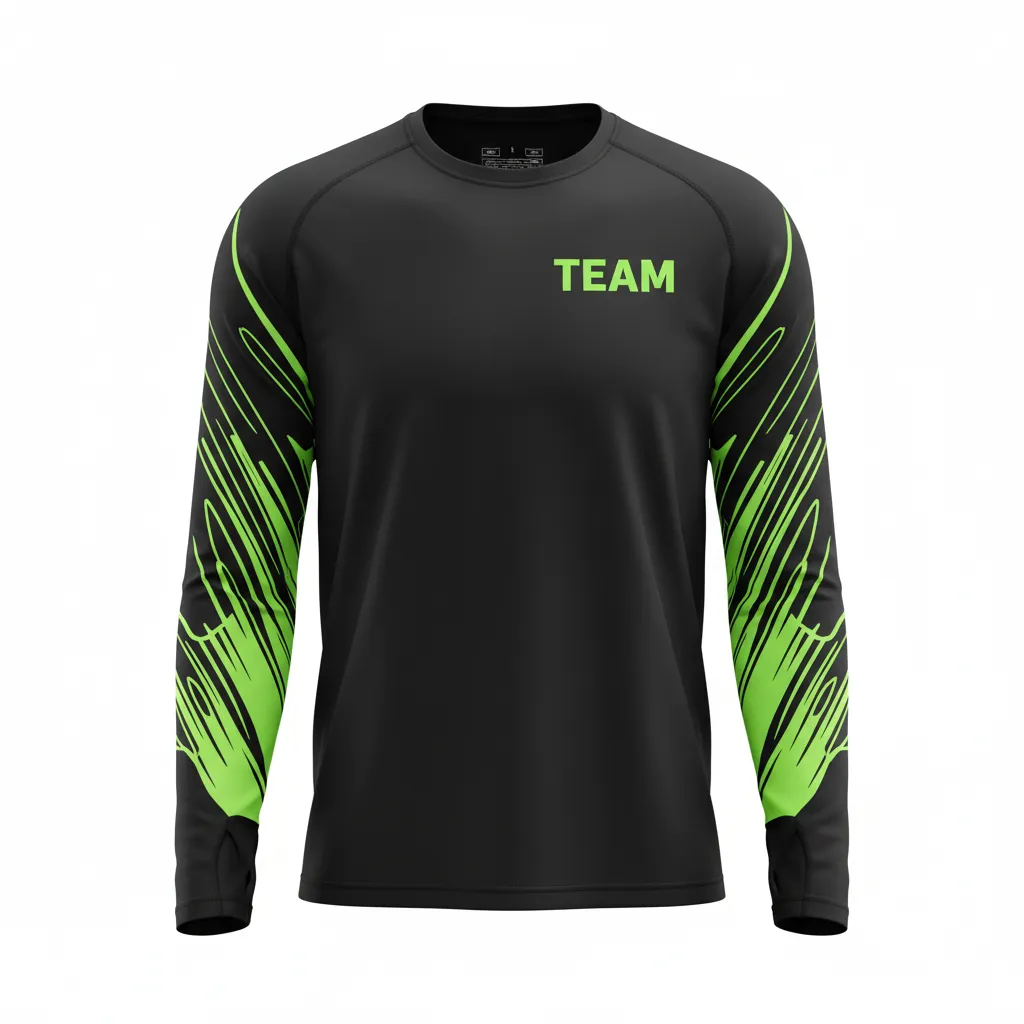 Custom Volleyball Long Sleeve T Shirt - Black, Green - Neon Wave Pattern - Front View - Kinexa Sportswear
