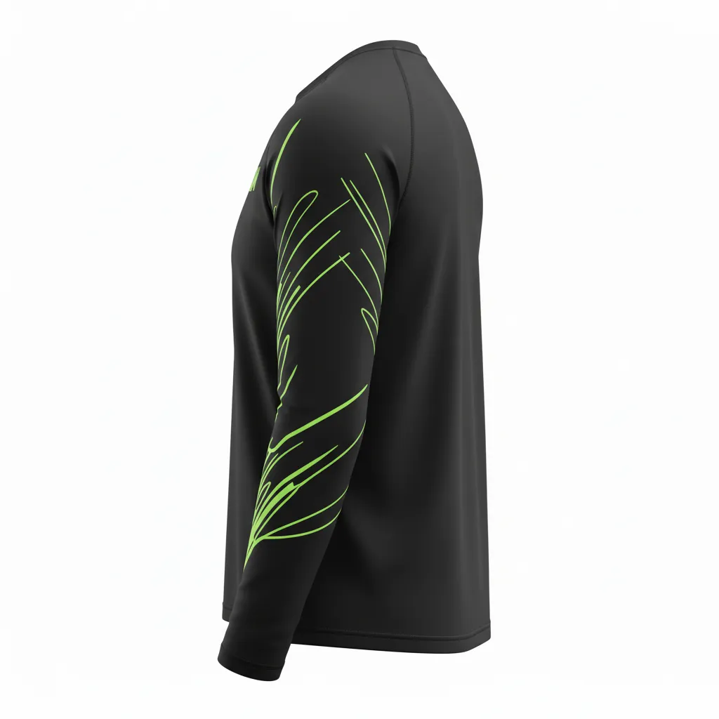 Custom Volleyball Long Sleeve T Shirt - Black, Green - Neon Wave Pattern - Side View - Kinexa Sportswear