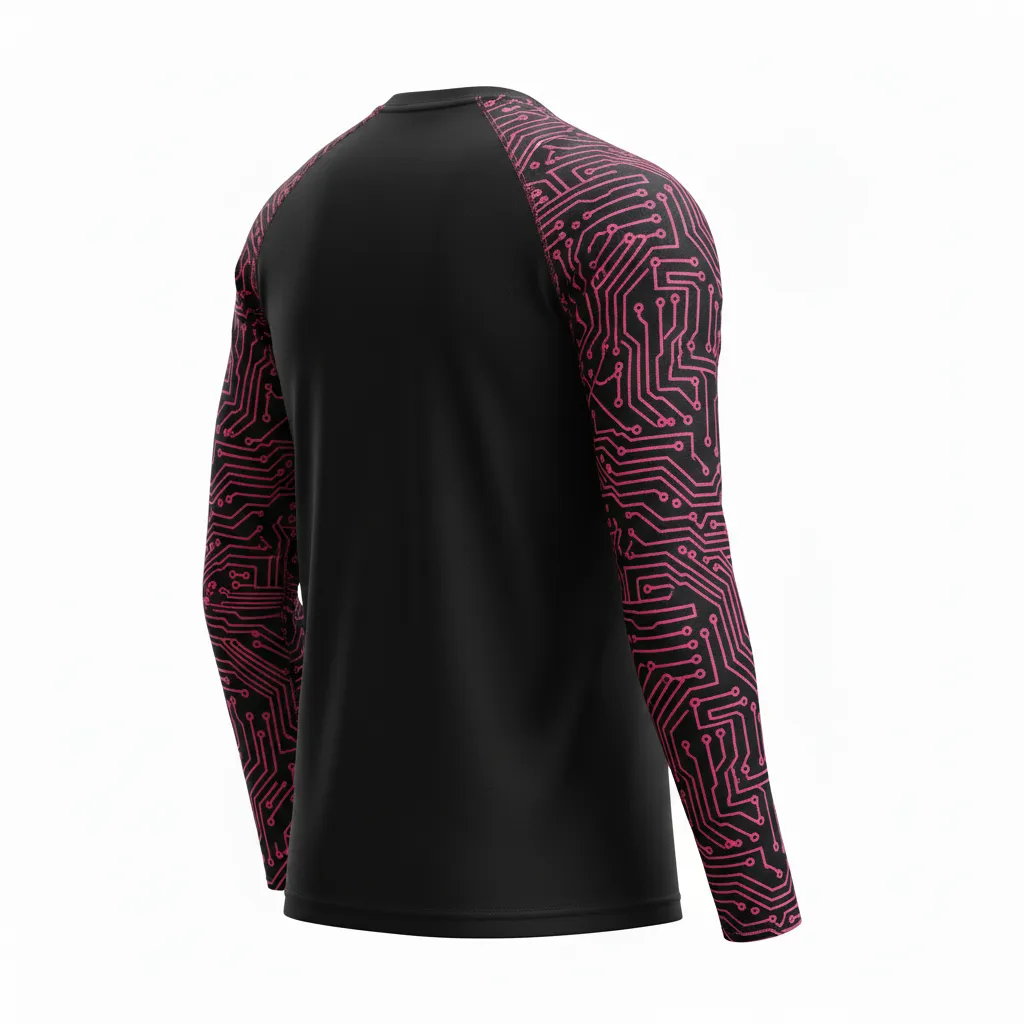 Custom Volleyball Long Sleeve T Shirt - Black, Pink - Neon Circuit Pattern - Back View - Kinexa Sportswear