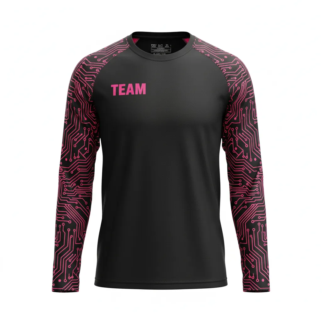 Custom Volleyball Long Sleeve T Shirt - Black, Pink - Neon Circuit Pattern - Front View - Kinexa Sportswear