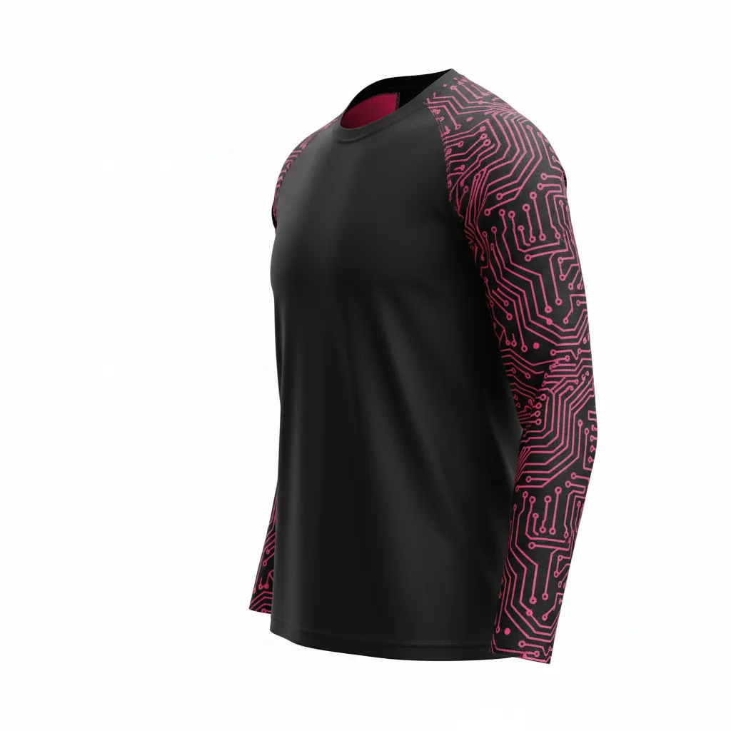 Custom Volleyball Long Sleeve T Shirt - Black, Pink - Neon Circuit Pattern - Side View - Kinexa Sportswear