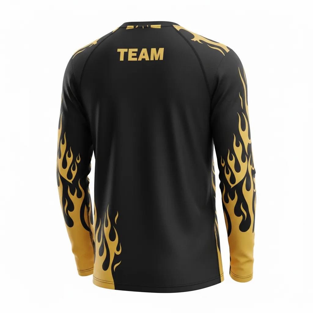 Custom Volleyball Long Sleeve T Shirt - Black, Gold - Vegas Flame Design - Back View - Kinexa Sportswear