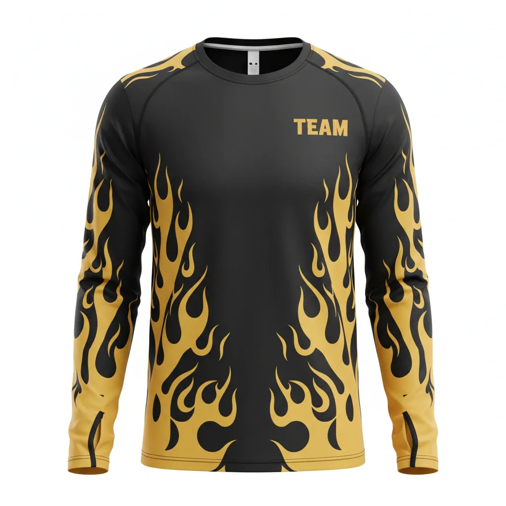 Custom Volleyball Long Sleeve T Shirt - Black, Gold - Vegas Flame Design - Front View - Kinexa Sportswear