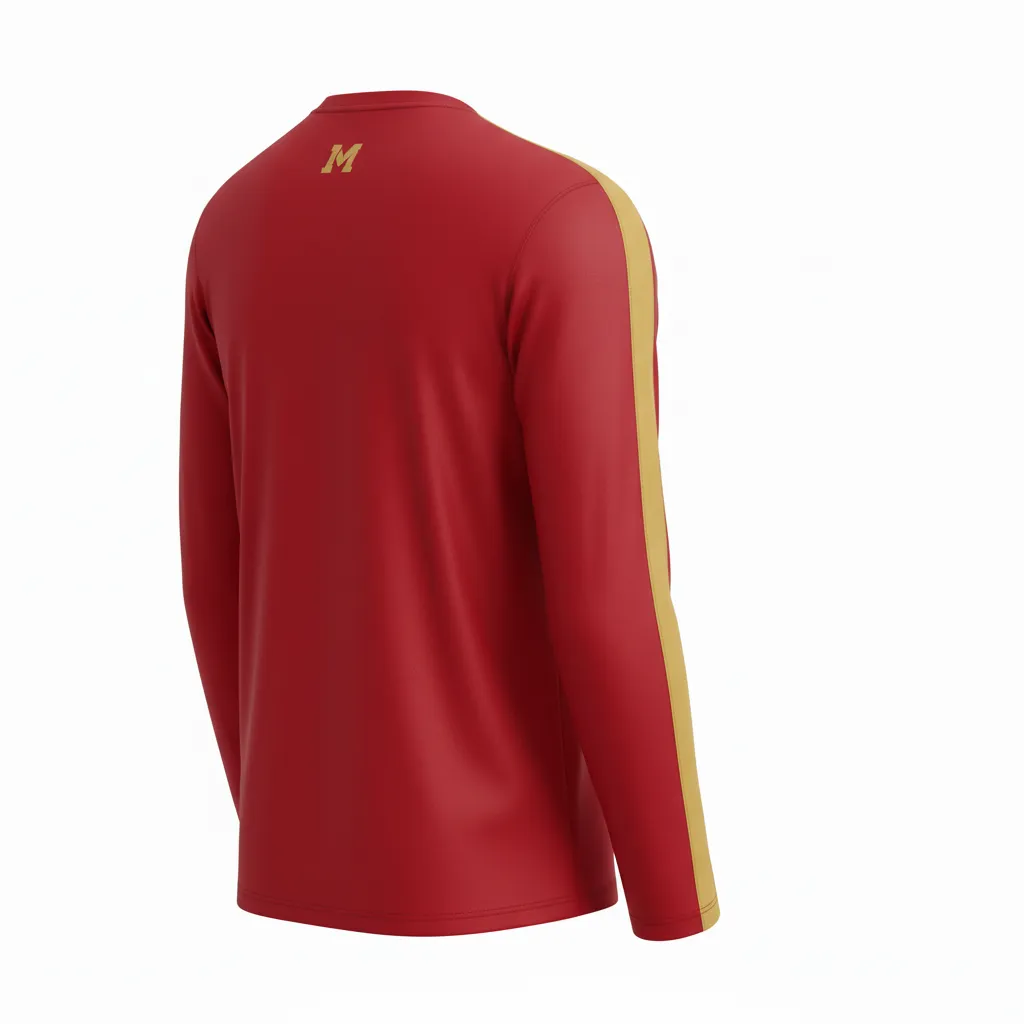Custom Volleyball Long Sleeve T Shirt - Red, Gold - Cardinal Vegas Warrior Stripe - Back View - Kinexa Sportswear