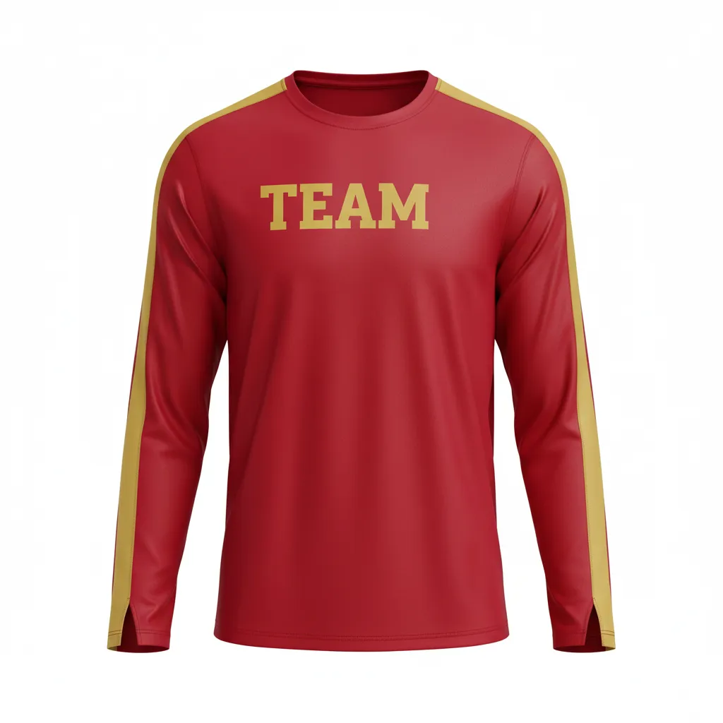 Custom Volleyball Long Sleeve T Shirt - Red, Gold - Cardinal Vegas Warrior Stripe - Front View - Kinexa Sportswear