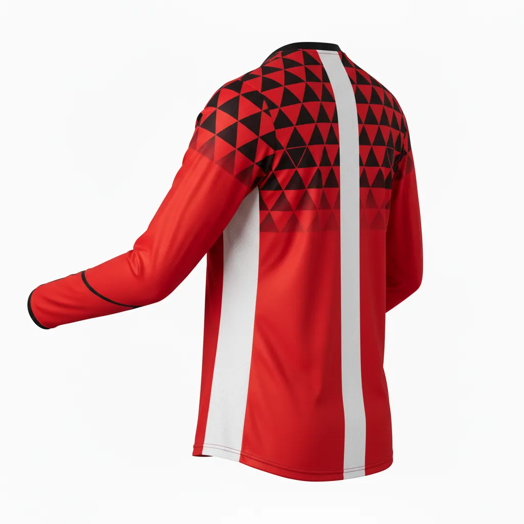 Custom Volleyball Long Sleeve Volleyball Jersey - Red, Black - Athletic Geometric Triangles - Back View - Kinexa Sportswear
