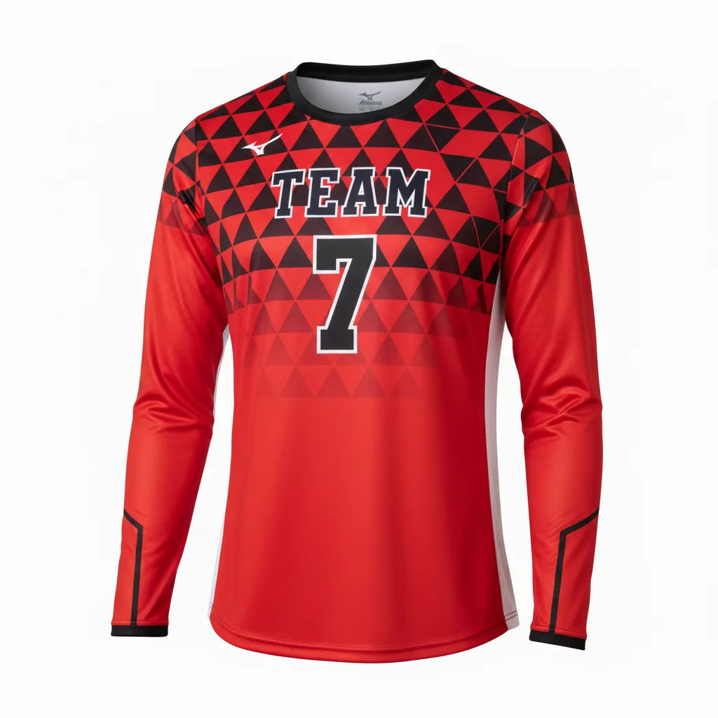 Custom Volleyball Long Sleeve Volleyball Jersey - Red, Black - Athletic Geometric Triangles - Front View - Kinexa Sportswear