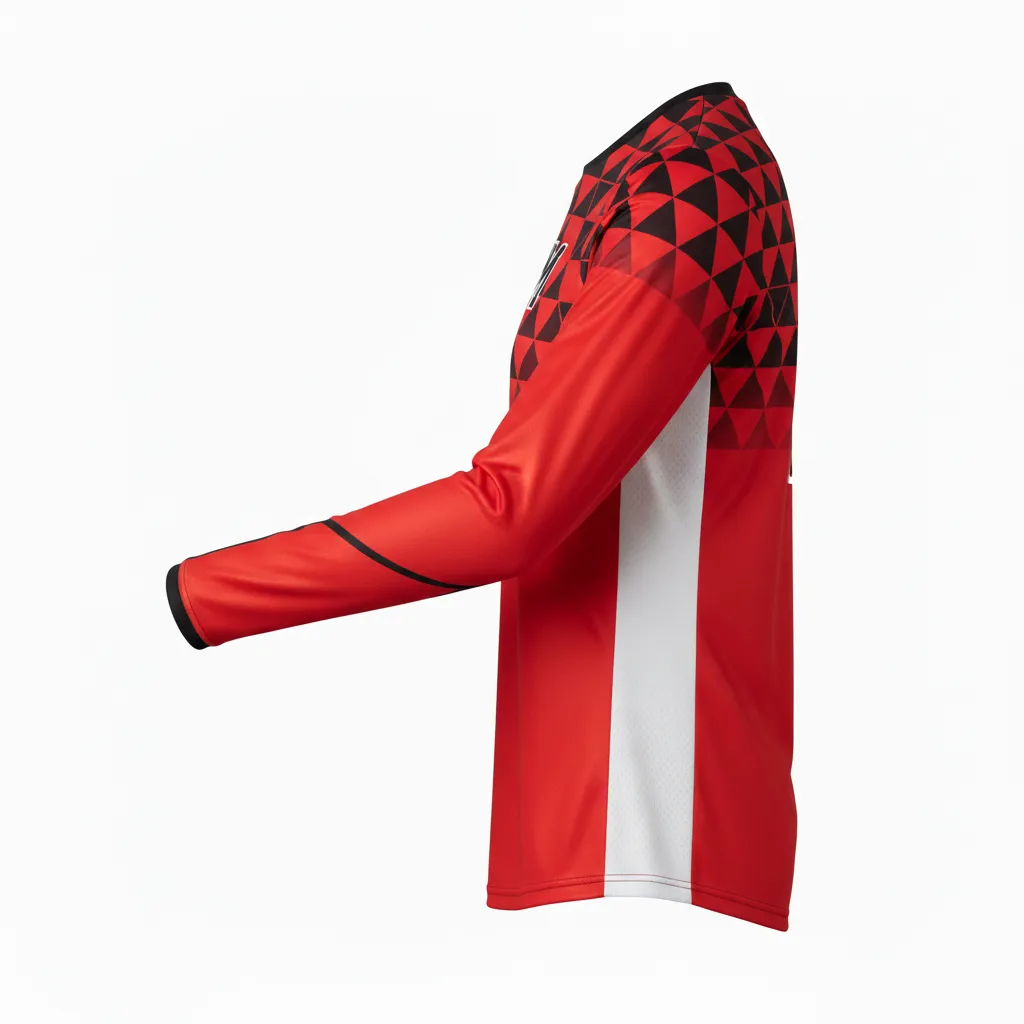 Custom Volleyball Long Sleeve Volleyball Jersey - Red, Black - Athletic Geometric Triangles - Side View - Kinexa Sportswear