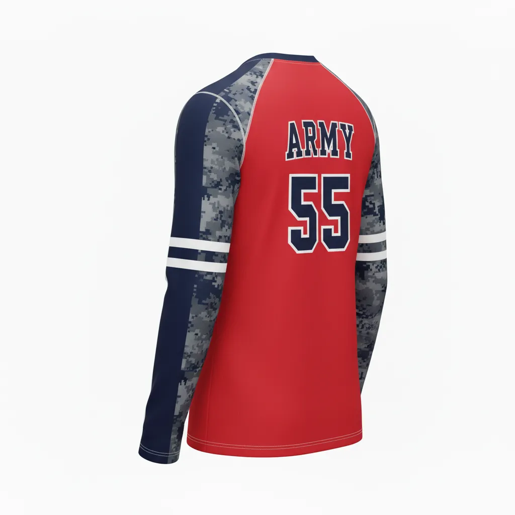 Custom Volleyball Long Sleeve Volleyball Jersey - Red, Grey - Athletic Camo Pattern - Back View - Kinexa Sportswear