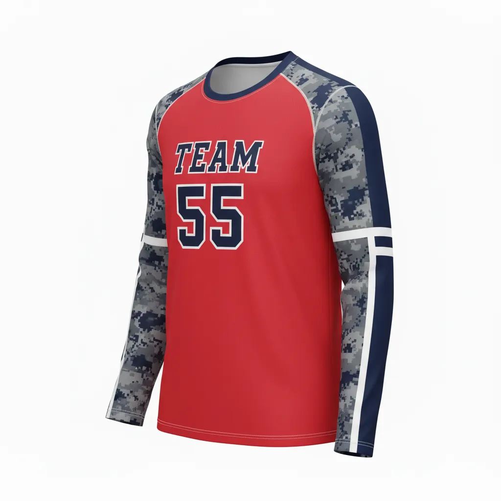 Custom Volleyball Long Sleeve Volleyball Jersey - Red, Grey - Athletic Camo Pattern - Front View - Kinexa Sportswear