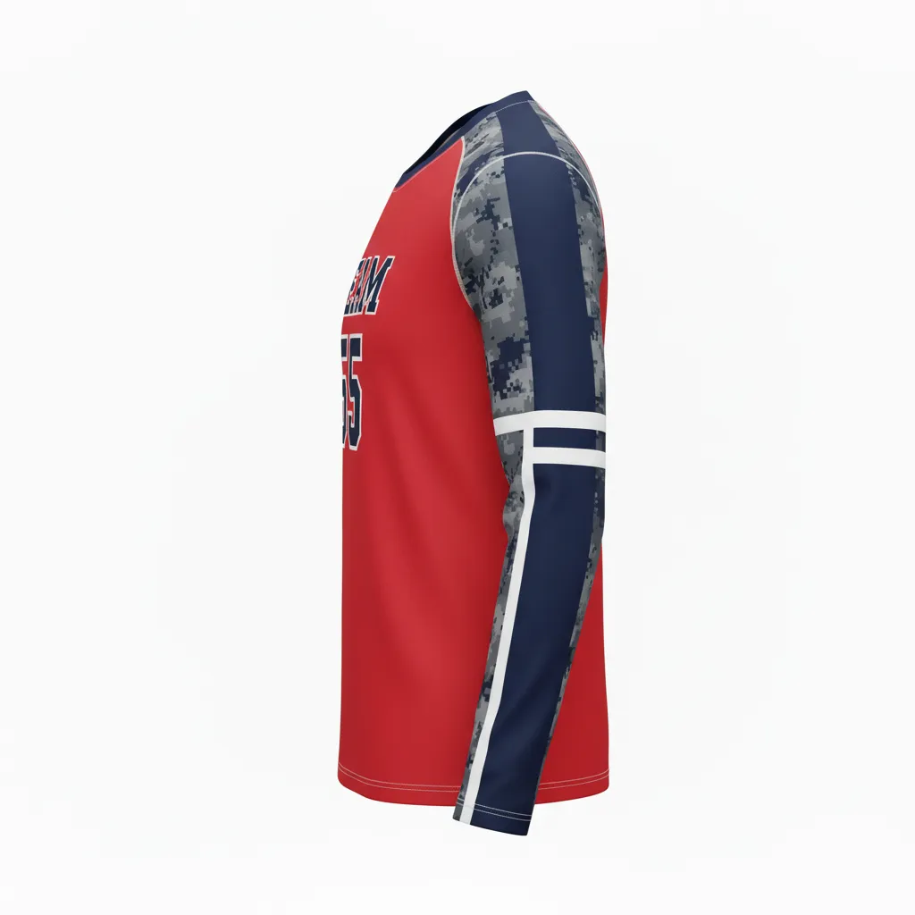 Custom Volleyball Long Sleeve Volleyball Jersey - Red, Grey - Athletic Camo Pattern - Side View - Kinexa Sportswear