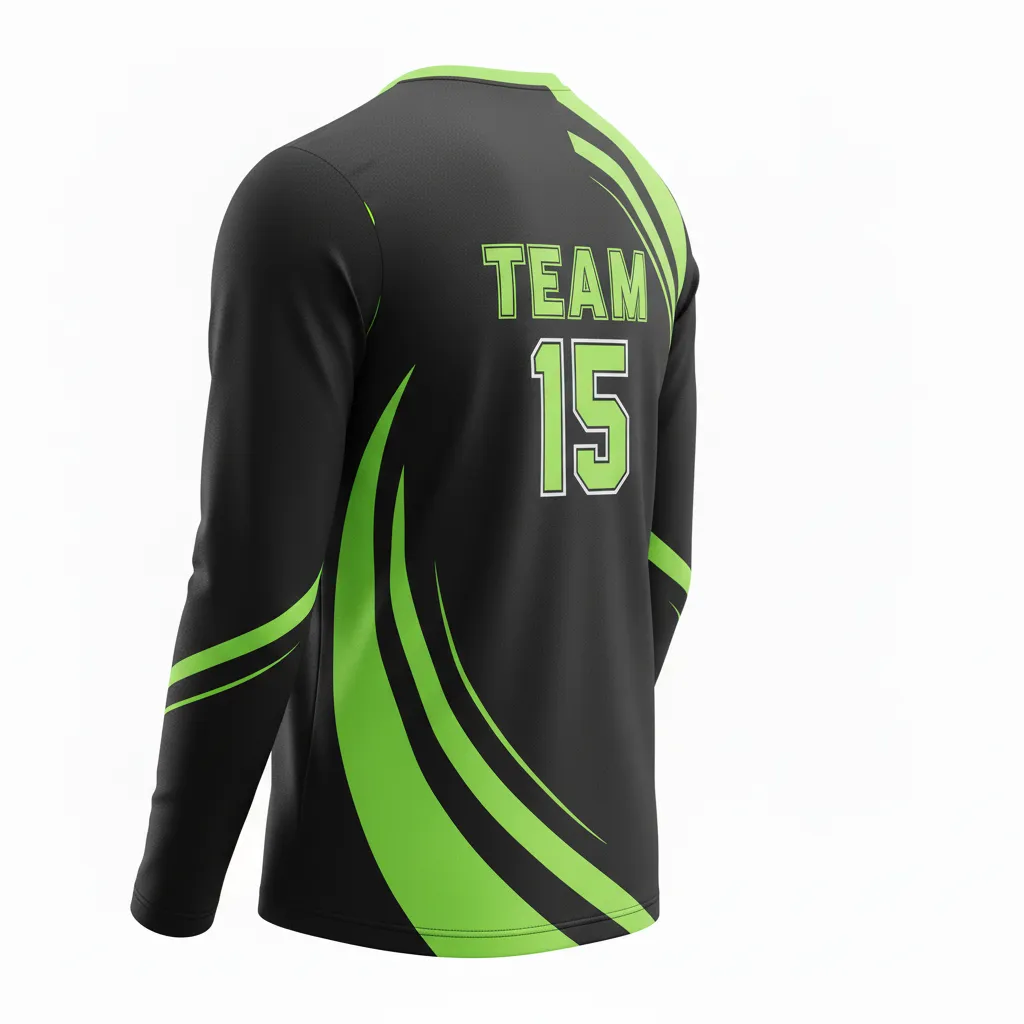 Custom Volleyball Long Sleeve Volleyball Jersey - Black, Green - Neon Wave Pattern - Back View - Kinexa Sportswear