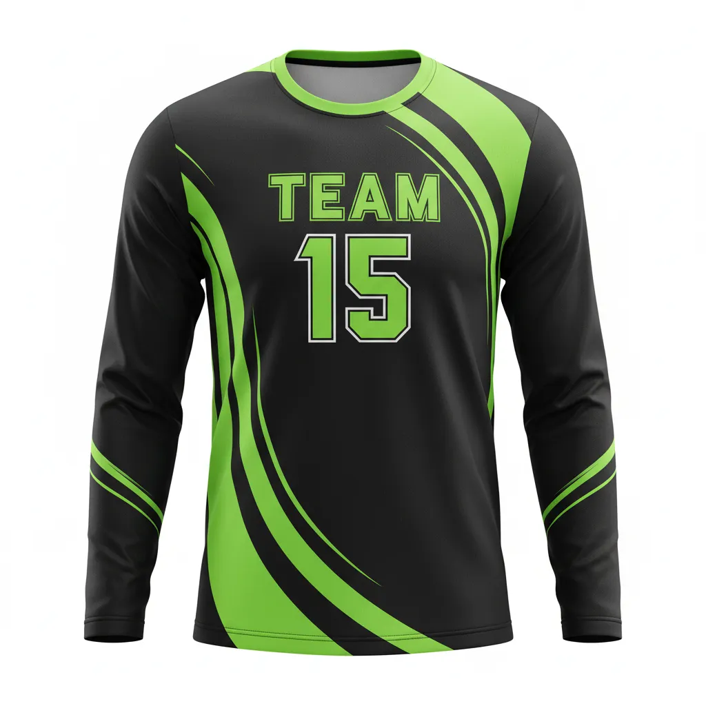 Custom Volleyball Long Sleeve Volleyball Jersey - Black, Green - Neon Wave Pattern - Front View - Kinexa Sportswear