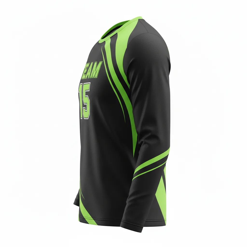 Custom Volleyball Long Sleeve Volleyball Jersey - Black, Green - Neon Wave Pattern - Side View - Kinexa Sportswear