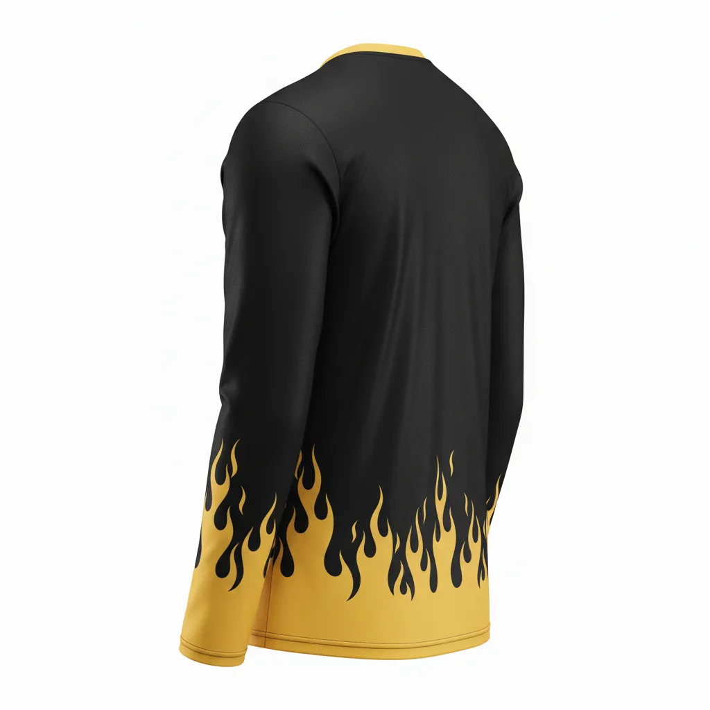 Custom Volleyball Long Sleeve Volleyball Jersey - Black, Gold - Vegas Flame Design - Back View - Kinexa Sportswear