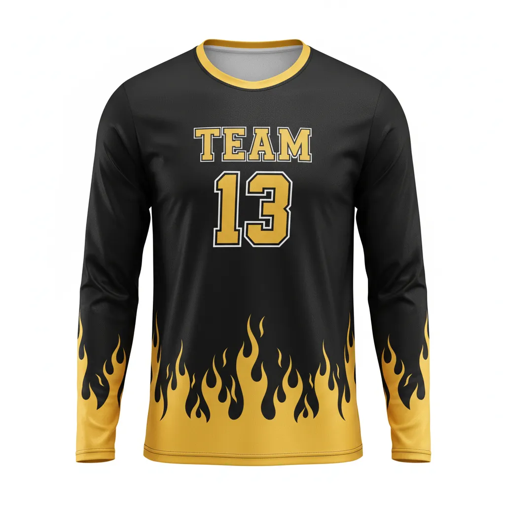 Custom Volleyball Long Sleeve Volleyball Jersey - Black, Gold - Vegas Flame Design - Front View - Kinexa Sportswear