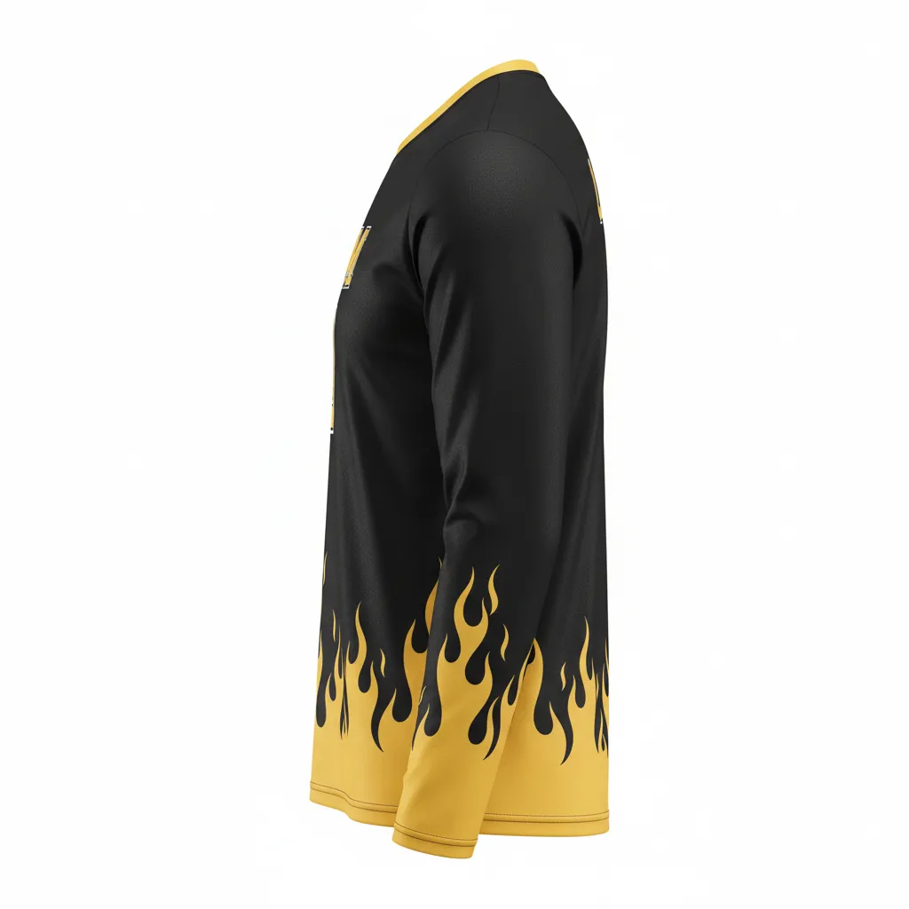 Custom Volleyball Long Sleeve Volleyball Jersey - Black, Gold - Vegas Flame Design - Side View - Kinexa Sportswear