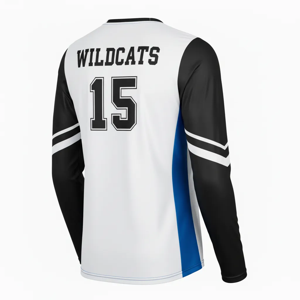 Custom Volleyball Long Sleeve Volleyball Jersey - Black, White - Half And Half - Back View - Kinexa Sportswear