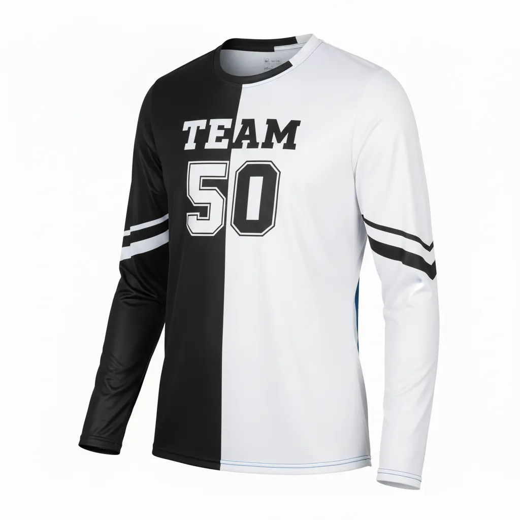 Custom Volleyball Long Sleeve Volleyball Jersey - Black, White - Half And Half - Front View - Kinexa Sportswear