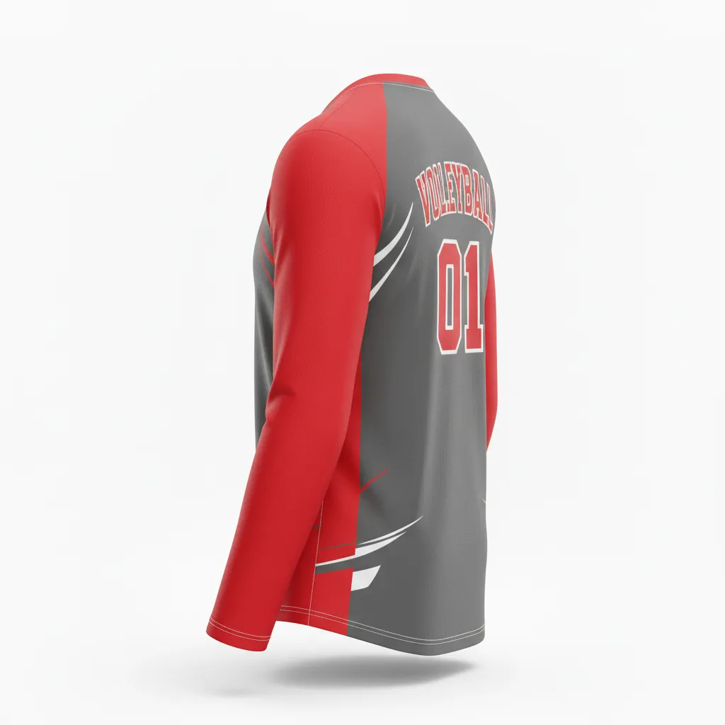 Custom Volleyball Long Sleeve Volleyball Jersey - Grey, Red - Charcoal Athletic Side Stripe - Back View - Kinexa Sportswear