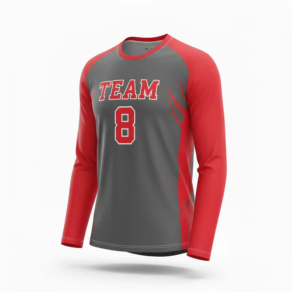 Custom Volleyball Long Sleeve Volleyball Jersey - Grey, Red - Charcoal Athletic Side Stripe - Front View - Kinexa Sportswear