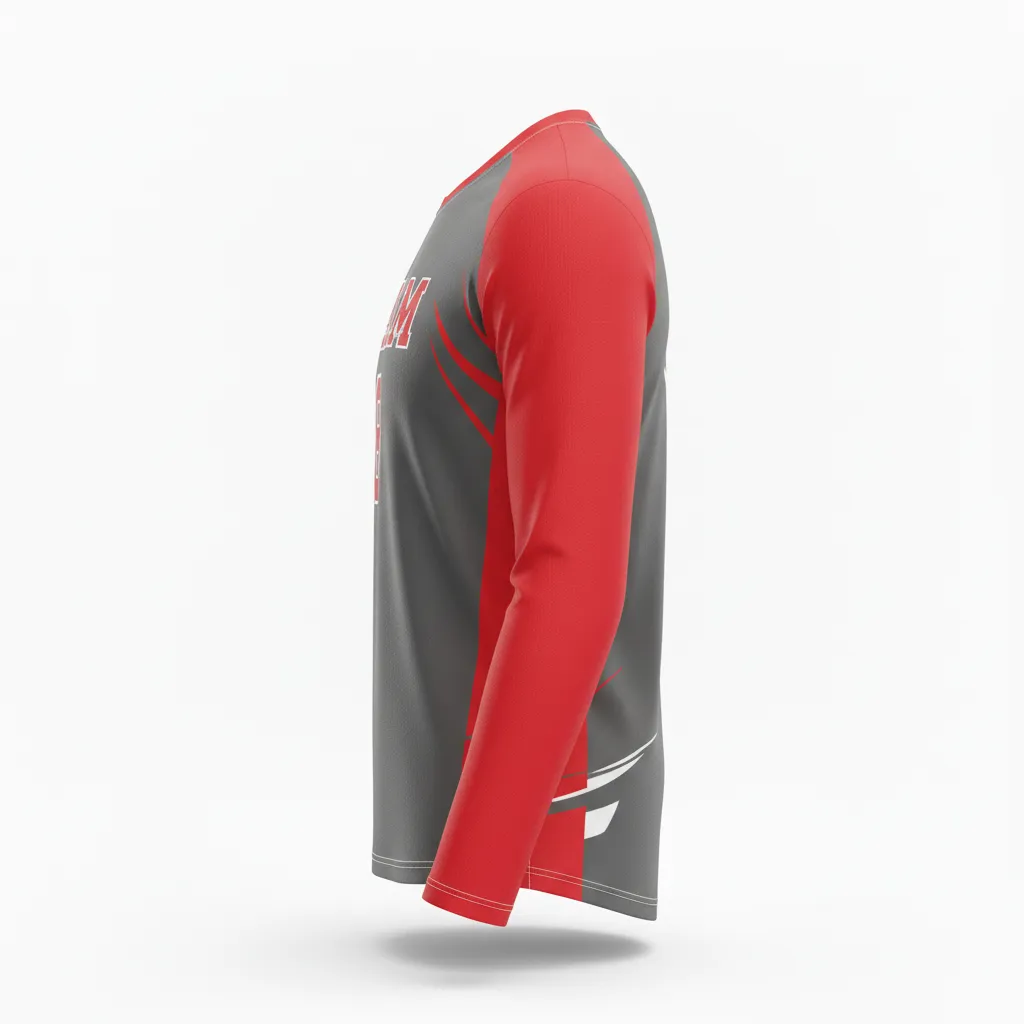 Custom Volleyball Long Sleeve Volleyball Jersey - Grey, Red - Charcoal Athletic Side Stripe - Side View - Kinexa Sportswear